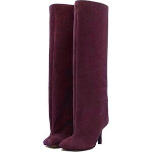 Women's Burgundy Wide Calf Square Toe Stiletto Heels Knee High Suede Boots